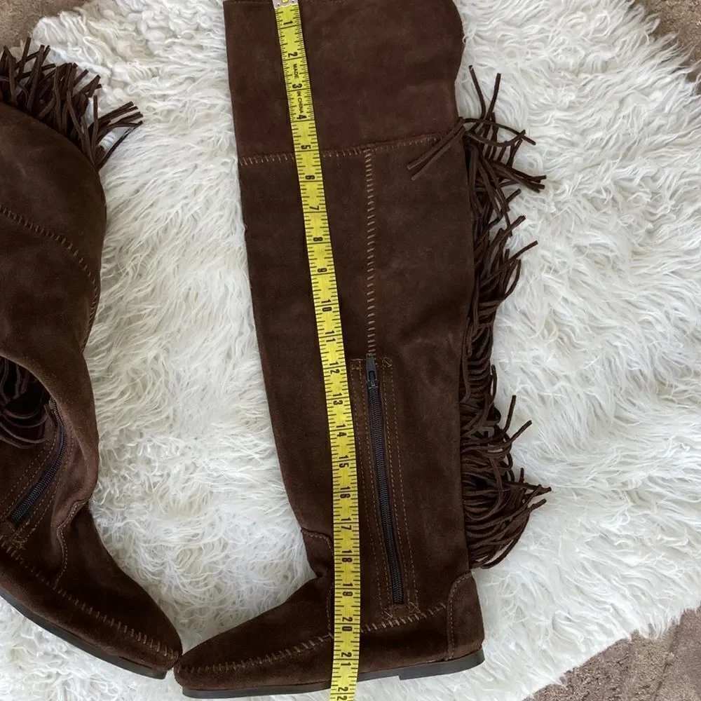 New Minnetonka Tall Leather Suede Brown Fringe Tall Moccasin Boots Size 5